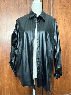 Black Faux Leather Button-Up Jacket for Men